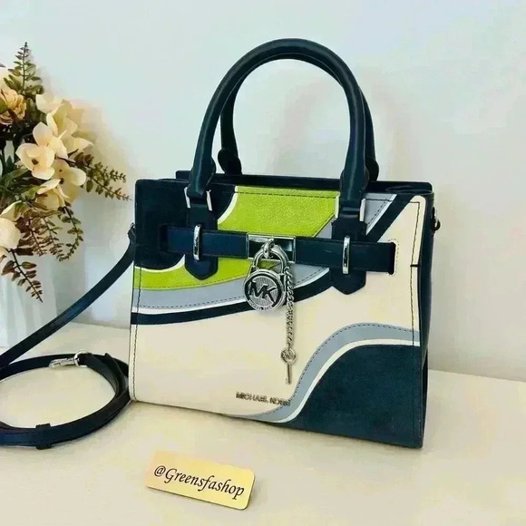 Michael Kors Purse Hamilton Satchel Crossbody Navy Multi - Picture 1 of 9
